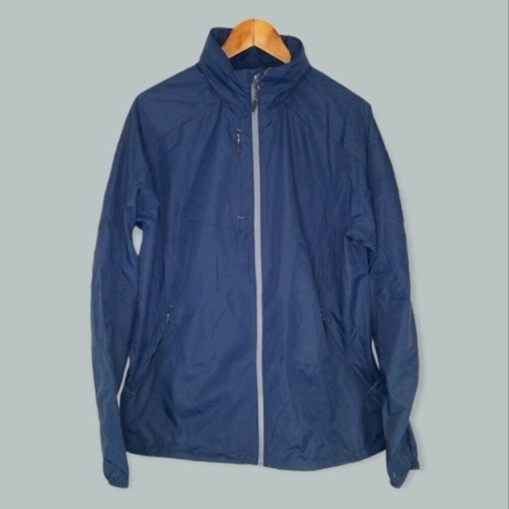 Trimark Men's Jacket Size M Flint Lightweight Hideaway Hood Navy Blue Full Zip